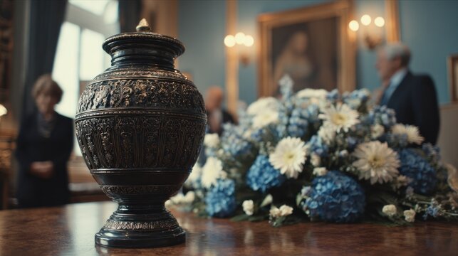 Group of people standing around elegant black metal urn in solemn funeral ceremony funeral home