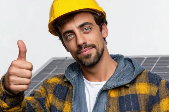 Smiling Technician with Thumbs Up: A focused, smiling technician, adorned in a yellow safety helmet, delivers a thumbs-up gesture, positioned in front of solar panel