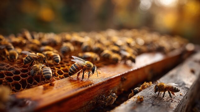 Highly realistic photograph Langstroth bee hive frame with honeycomb and honey production detail