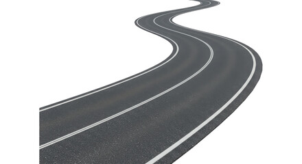 Winding asphalt road with white lane markings isolated on transparent background