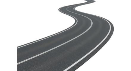 Winding asphalt road with white lane markings isolated on transparent background