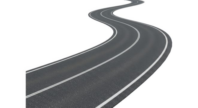 Winding asphalt road with white lane markings isolated on transparent background