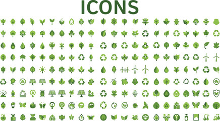 Extensive grid of flat vector icons in various shades of green, illustrating themes of nature, ecology, conservation, environment, and sustainability concepts.