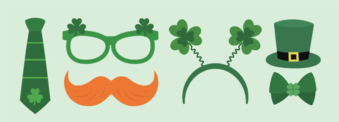 St. Patrick's Day element set.
Includes a clover, a Leprechaun hat, party glasses, a mustache, a tie, a bow tie, and a headband.
St patrick day photo booth and party stickers.
Flat vector illustration