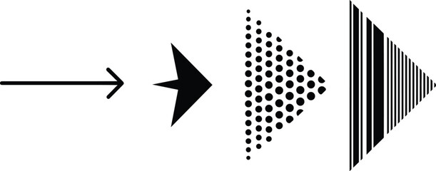 Progression illustration showing different arrow styles, including simple line, solid filled, halftone dot pattern, and striped bar triangular shapes pointing right.