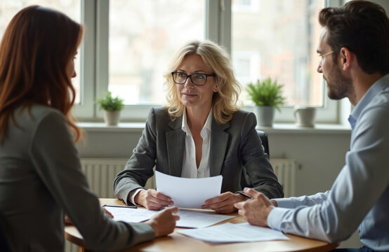 Mature woman lawyer consults couple in office. Advisor explains documents to clients at table. People review papers during business meeting. Pro female provides legal advice.