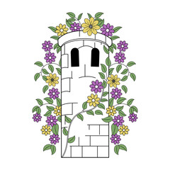 A vintage style illustration showing crumbling tower