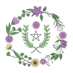 A vintage style illustration depicting floral wreath