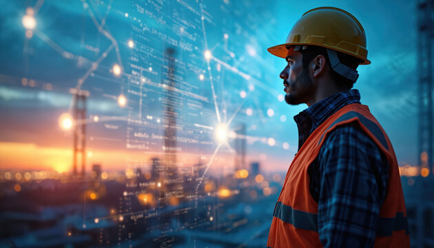 Construction worker in hard hat and vest looks at digital data overlay. Futuristic city skyline glows at dusk. Planning future projects with tech.