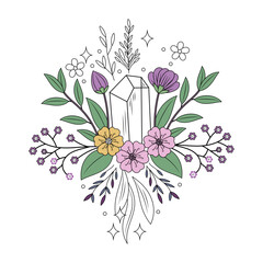 A vintage style illustration showing floral crystal