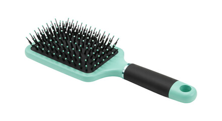 Teal and black paddle hair brush with soft bristles isolated on transparent background