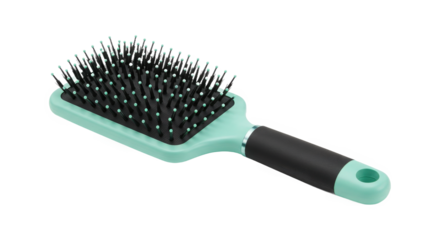 Teal and black paddle hair brush with soft bristles isolated on transparent background