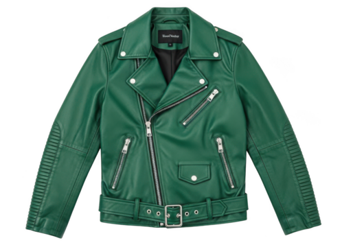 Stylish green leather motorcycle jacket with silver hardware and belted waist, isolated on transparent background
