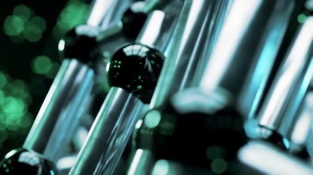Close up shot of molecular structure with silver cylinders and black spheres, set against a dark background accentuated by subtle green light, creating an abstract modern look.
