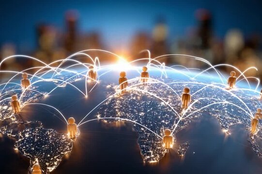Global Network Connection: The image represents global connectivity through a network of illuminated connections across the globe. Each node symbolizes connection between people