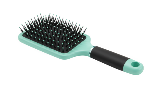Teal and black paddle hair brush with soft bristles isolated on transparent background