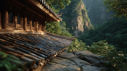 Ancient Tranquility: An ancient temple, perched amidst a lush mountainside landscape, exudes serenity and cultural richness, bathed in the soft morning light.