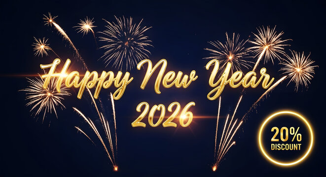 Happy New Year 2026 with Golden Fireworks and 20 Percent Discount Circle announcement celebration