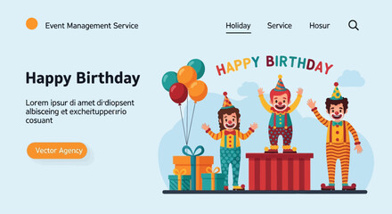 Happy Birthday Celebration Festive Clowns, Balloons, and Gift Boxes for a Fun Holiday