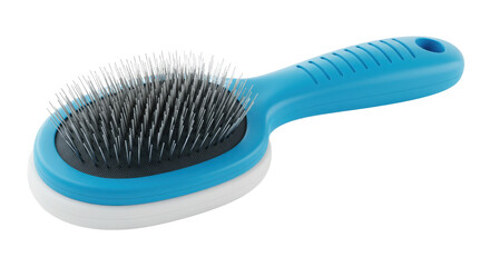 Blue slicker brush with metal pin bristles isolated on transparent background
