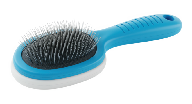 Blue slicker brush with metal pin bristles isolated on transparent background