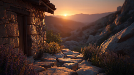 Stone Cottage at Sunset: A captivating image features a rustic stone cottage nestled serenely at sunset, with golden light painting the rugged terrain. Stone pathway beckons towards the horizon.