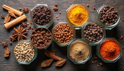 Various spices and herbs arranged in hexagonal glass jars on a wooden surface. Collection includes whole peppercorns, powdered turmeric, paprika, and cinnamon sticks.