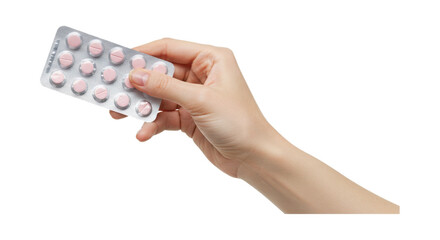 Hand holding a blister pack of small pink pills isolated on transparent background