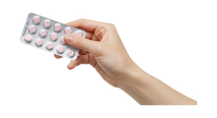 Hand holding a blister pack of small pink pills isolated on transparent background