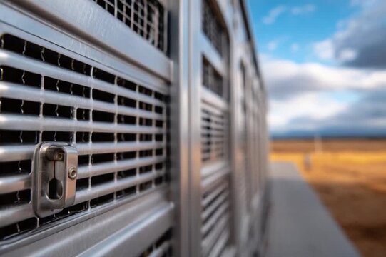 Metal Trailer Exterior: Close-up of a robust metal trailer, its intricate metallic texture glinting under the daylight against a blurred background of the vast landscape.