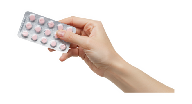 Hand holding a blister pack of small pink pills isolated on transparent background