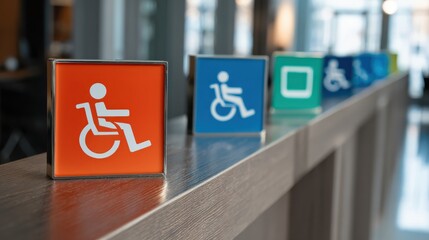 Colorful Accessibility Signs in Modern Interior for Inclusive Spaces, Highlighting Wheelchair Access, Public Facilities, and Supportive Design Concepts