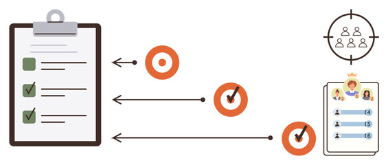 Checklist clipboard with tasks, orange targets with arrows, leaderboard with profiles. Ideal for task management, goal tracking, team priority, productivity, planning, leadership simple flat