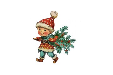 Fototapeta premium Christmas boy toy carry christmas tree toy figurine person human.