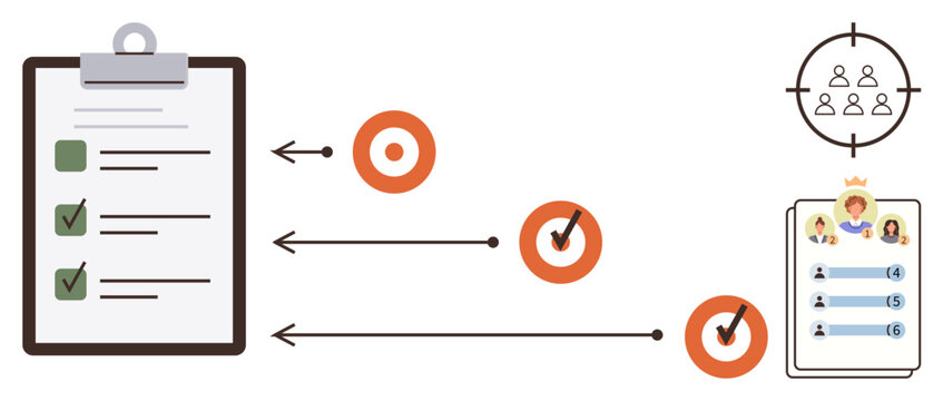 Checklist clipboard with tasks, orange targets with arrows, leaderboard with profiles. Ideal for task management, goal tracking, team priority, productivity, planning, leadership simple flat