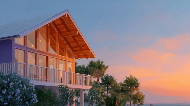 Coastal Retreat: An enchanting coastal home with a distinctive architecture, a wooden roof, and a stunning view of the sunset sky, evoking tranquility and seaside bliss. - Powered by Adobe