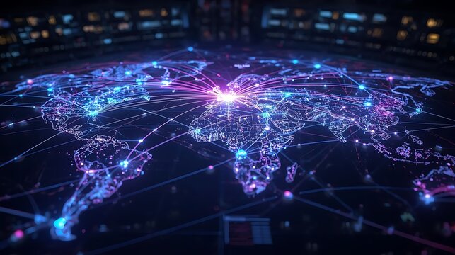 Global digital network map showing worldwide data connections.