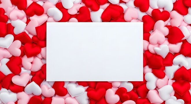 Blank card surrounded by red and pink candy hearts for valentines day