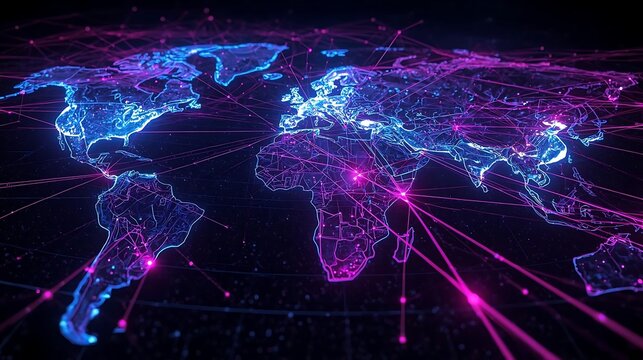 Global digital network map connecting continents with glowing lines