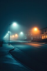 Eerie street scene illuminated by fog and warm streetlight glows