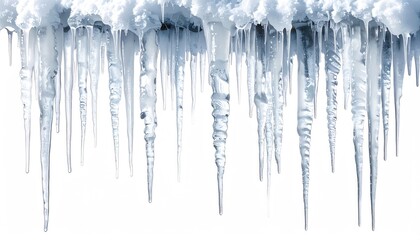 Frozen drips hang from snow. Winter's icy fringe