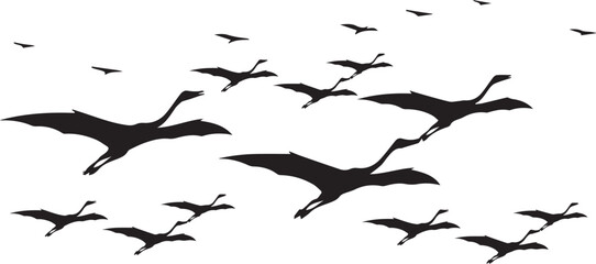 A collection of various sized black bird silhouettes are scattered across a white background, appearing to fly.