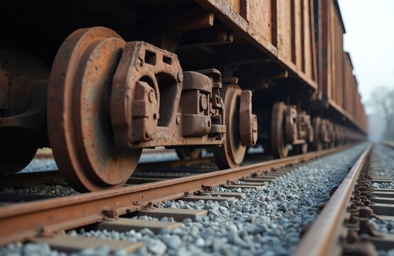 Old rusty mine carts sit on railway tracks. Trains are lined up on gravel path. Industrial cargo wagons waiting for shipment. Transportation industry and obsolete mining.