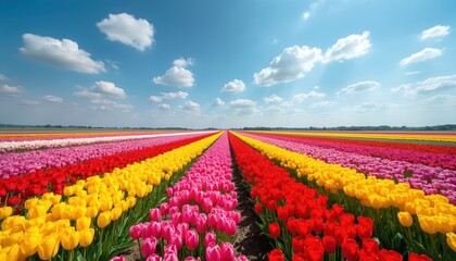 Vibrant rows of red, pink, and yellow tulips stretch across a wide field under a clear blue sky with fluffy white clouds. This colorful floral landscape offers a sense of renewal and natural beauty.