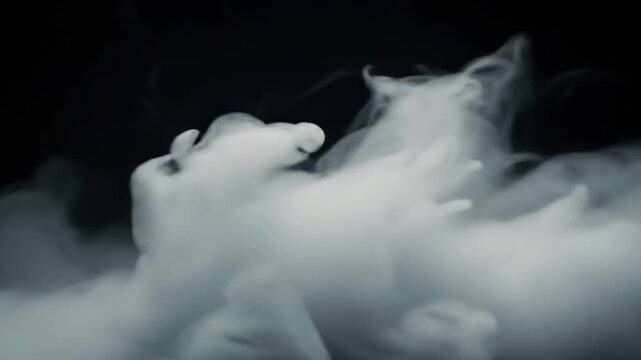 Close up of white smoke plumes against a dark background. Perfect for creating an atmospheric effect or abstract compositions. Adds a touch of mystery and theatrical haze.