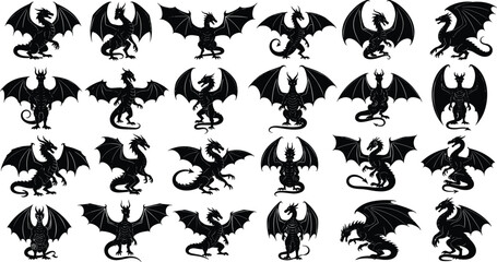 Black Dragon Silhouette Collection: Fantasy Vector Art Set of Mythical Creatures, Winged Beasts, Medieval Icons, and Fierce Monsters for Gaming and Design Projects.