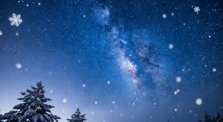 Blue winter night sky, shining stars, snowflakes gently falling, dreamy atmosphere