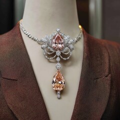 Ornate necklace with peachy gems on mannequin