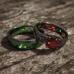 Ornate red-jeweled ring & green ring on rustic wooden surface