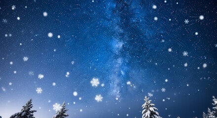 Blue winter night sky, shining stars, snowflakes gently falling, dreamy atmosphere